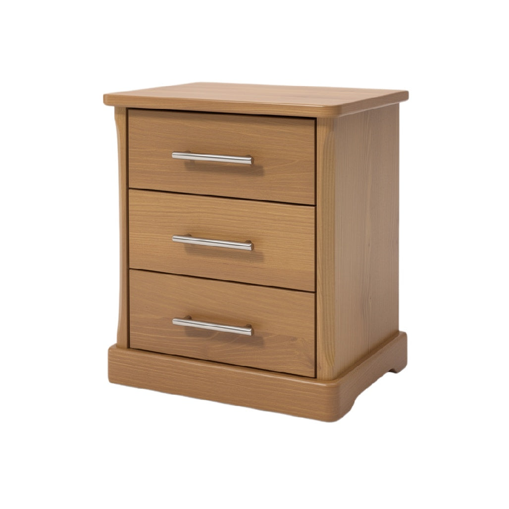 Modern Wooden Nightstand with Three Drawers and Sleek Metal Handles